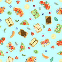 Fototapeta premium Seamless pattern of sweet toasts with different ingredients, hand drawn isolated on a turquoise background