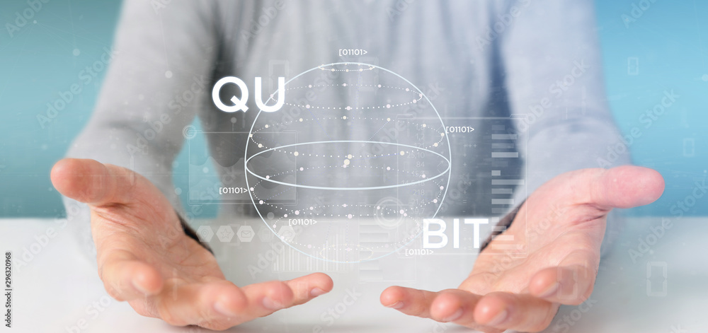 Wall mural businessman holding quantum computing concept with qubit icon 3d rendering