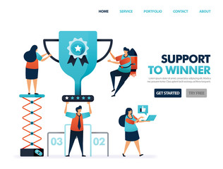 Support to winner to get award and prize. Trophy and certificate for result of teamwork. Help to achieve goal and achievement. Top best ranking get cup. Illustration for website, mobile apps, poster