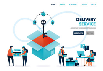 Delivery or shipping services for e-commerce business & company. Deliver document & goods. key for Security in box delivery and 5 star for satisfaction rating. Illustration for website, mobile, poster