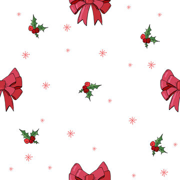 Christmas Winter tied bow Seamless Background. Hand drawn doodle style holly and bow in vector.