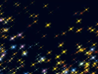 Stars yellow blue pink colored pattern on black background isolated. Retro glitter decoration. Sparks illustration.