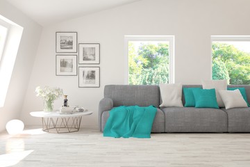 Stylish room in white color with sofa and summer landscape in window. Scandinavian interior design. 3D illustration