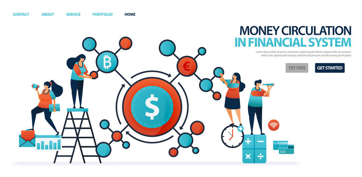 Money circulation in the financial system in modern banking. financial network in countries and banks. system of credit and loan from banks to businesses. illustration for website, mobile apps, poster