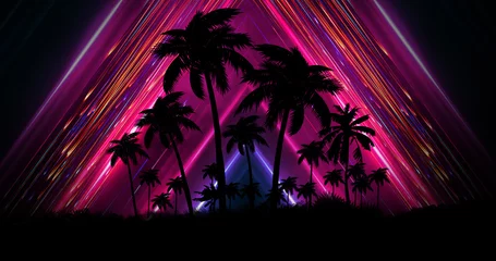  Futuristic night landscape with neon abstract sunset. Coconut trees silhouette on the beach at night. Neon palm tree abstract light. © MiaStendal