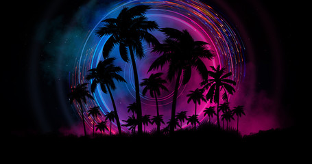 Futuristic night landscape with neon abstract sunset. Coconut trees silhouette on the beach at night. Neon palm tree abstract light.