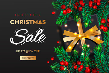 Christmas Sale banner. Realistic fir-tree branches with berries and gift box. Vector illustration for winter holiday discounts.