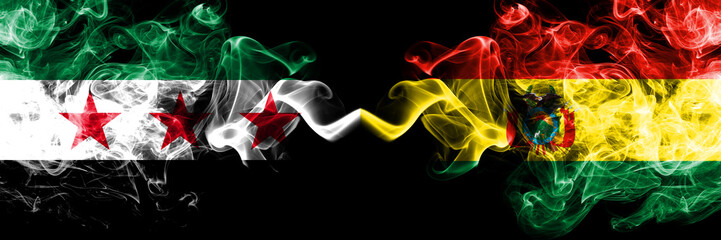 Syrian Arab Republic vs Bolivia, Bolivian smoke flags placed side by side. Thick colored silky smoke flags of Syria opposition and Bolivia, Bolivian