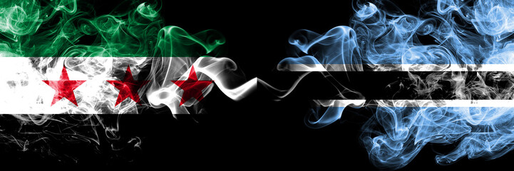 Syrian Arab Republic vs Botswana, Botswanan smoke flags placed side by side. Thick colored silky smoke flags of Syria opposition and Botswana, Botswanan