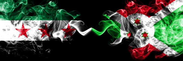 Syrian Arab Republic vs Burundi, Burundian smoke flags placed side by side. Thick colored silky smoke flags of Syria opposition and Burundi, Burundian