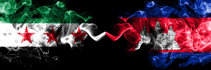 Syrian Arab Republic vs Cambodia, Cambodian smoke flags placed side by side. Thick colored silky...