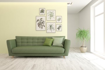 Stylish room in white color with sofa. Scandinavian interior design. 3D illustration