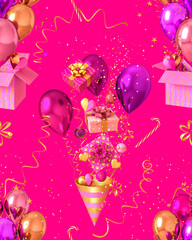 Seamless pattern, colored balloons, gift box decorated with bow, tinsel, confetti, 3D rendering.