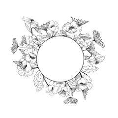 hand painted banner withgraphic leaves and flowers . Spring or summer flowers for invitation, wedding or greeting cards.