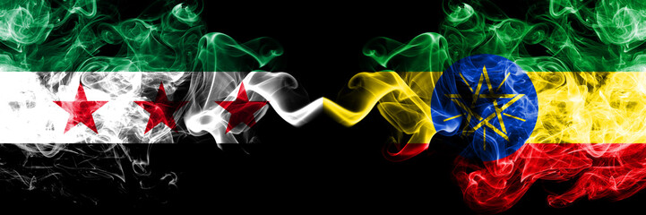 Syrian Arab Republic vs Ethiopia, Ethiopian smoke flags placed side by side. Thick colored silky smoke flags of Syria opposition and Ethiopia, Ethiopian