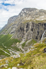 Norwegian landscape with Trollstigen center in the background, National scenic route Geiranger Trollstigen More og Romsdal county in Norway