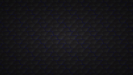 Abstract dark background of black trapezium tiles with blue gaps between them