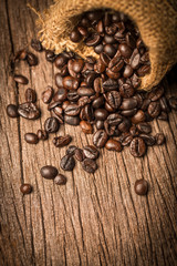 Coffee beans in sack on wood table