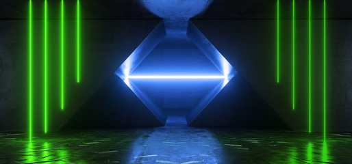 Alien Sci Fi Futuristic Virtual Cement Concrete Triangle Garage Hall Tunnel Corridor Blue Green Vibrant Beam Neon Laser Glow Empty Background Reflections 3D Rendering