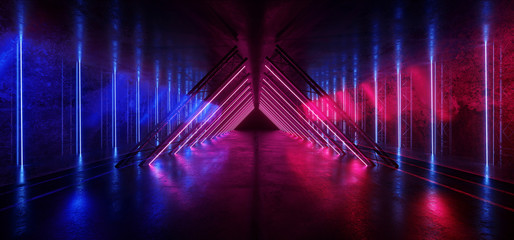 Sci Fi Futuristic Purple Blue Neon Laser Glowing Triangle Pylons Beams Retro Night Underground Stage Show Club Virtual Concrete Grunge Cement 3D Rendering