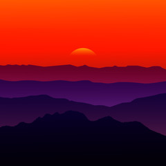 Sunset over hills and mountains landscape vector background