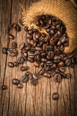 Coffee beans in sack on wood table
