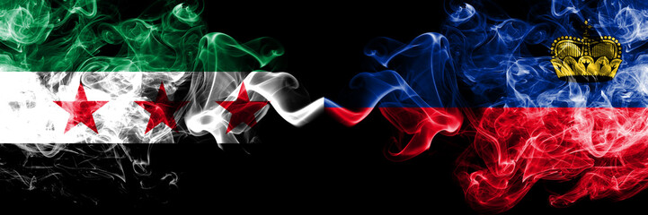 Syrian Arab Republic vs Liechtenstein, Liechtensteins smoke flags placed side by side. Thick...