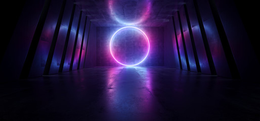Neon Glowing Sci Fi Futuristic Alien Spaceship Circle Shaped Laser Beam Purple Blue Dark Hall Underground Tunnel Corridor Realistic Stage Night Virtual Path Gate 3D Rendering