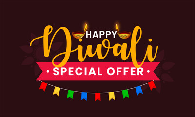 Happy Diwali festival celebration text typography. Use as banner, logo design etc. Indian festival of lights special offer with decoration. Happy diwali.