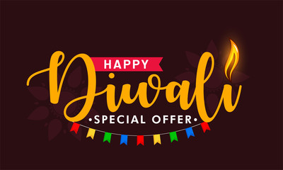 Happy Diwali festival celebration text typography. Use as banner, logo design etc. Indian festival of lights special offer with decoration and oil lamp. Happy diwali.