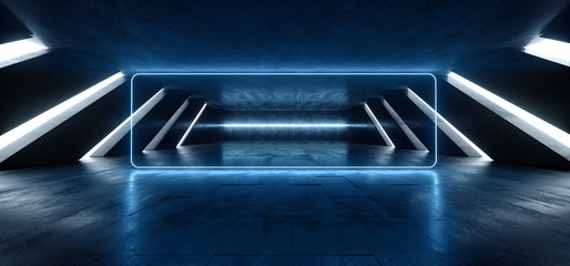 Neon Laser Futuristic Blue Lines Huge Big Dark Hall Garage Tunnel Corridor Car Empty Studio Background White Windows Light Glow Cement Asphalt Concrete Grunge Dark Tall 3D Rendering © IM_VISUALS