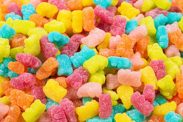 Jelly sweats bears background. Top view.