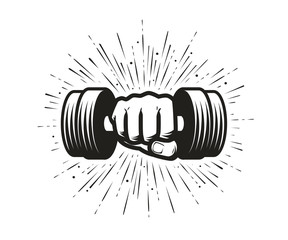 Arm with dumbbell. Gym, fitness logo. Vector illustration