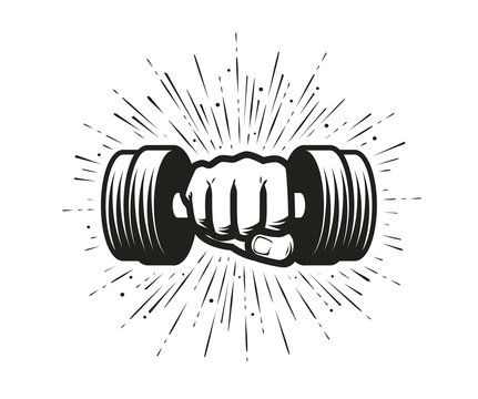 Arm with dumbbell. Gym, fitness logo. Vector illustration