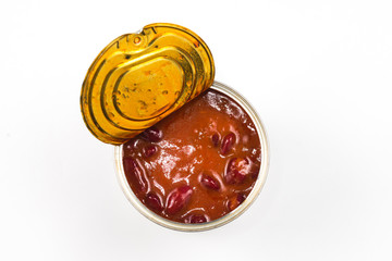 Canned food beans on white background.