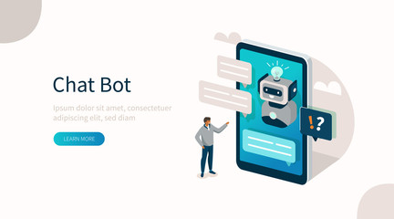  Customer having Dialog with Chat Bot on Smartphone. Man Character Chatting with Robot. Artificial Intelligence and AI Chatbot in Marketing Concept. Flat Isometric Vector Illustration.  - obrazy, fototapety, plakaty