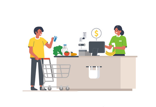 Retail woman cashier with barcode scanner scanning grocery at supermarket. Man customer standing near cashier desk with purchases in retail store. Shopping concept. Flat cartoon vector illustration. 