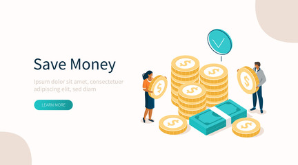  People Characters Standing near Gold Coins Stack and Banknotes Bundle. Woman and Man Holding Dollar Coins. Saving Money or Cash Back Concept. Flat Isometric Vector Illustration.