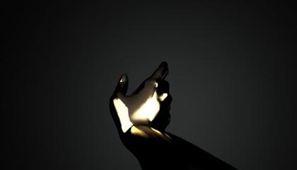 Golden hand reaches for something on a black background. A hand is stretched out in front of the camera. 3D rendering.