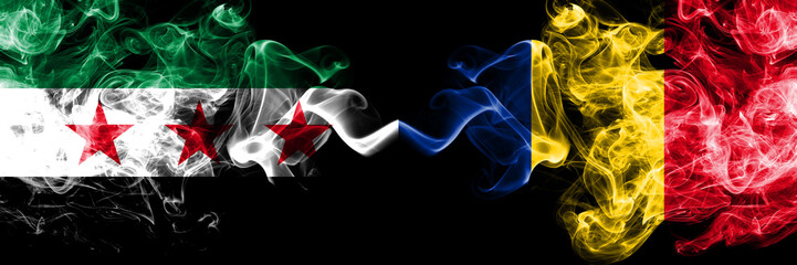 Syrian Arab Republic vs Romania, Romanian smoke flags placed side by side. Thick colored silky smoke flags of Syria opposition and Romania, Romanian