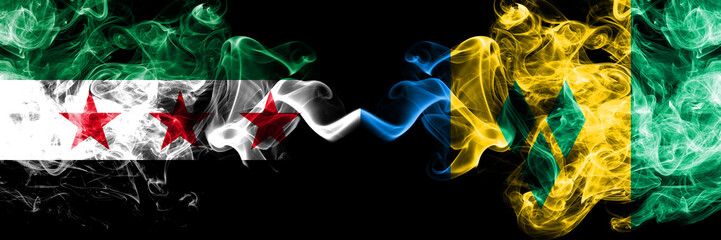 Syrian Arab Republic vs Saint Vincent and the Grenadines smoke flags placed side by side. Thick colored silky smoke flags of Syria opposition and Saint Vincent and the Grenadines