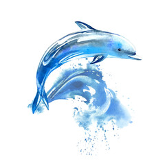 Blue dolphin and wave.Watercolor hand drawn illustration. Underwater animal image.
