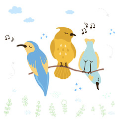 Vector colorful illustration of cute singing birds. Can be used for childish t-shirt print, textile print, cloth, baby wear, kids room decoration, invitation, greeting card, and posters