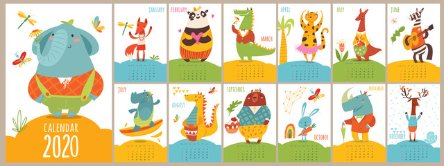 Cartoon vector 2020 calendar with funny wild animals