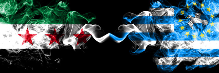 Syrian Arab Republic vs South Cameroon smoke flags placed side by side. Thick colored silky smoke flags of Syria opposition and South Cameroon