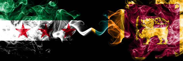 Syrian Arab Republic vs Sri Lanka, Sri Lankan smoke flags placed side by side. Thick colored silky smoke flags of Syria opposition and Sri Lanka, Sri Lankan