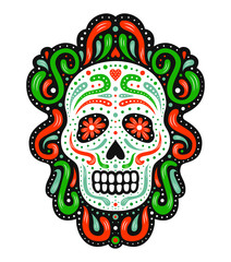 Traditional mexican sugar skull mask. Ornate decorative human skeleton head. Latin american Day of the Dead celebration symbol. National flag colored EPS 10 vector illustration.