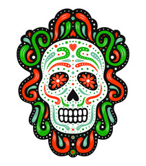 Traditional mexican sugar skull mask. Ornate decorative human skeleton head. Latin american Day of the Dead celebration symbol. National flag colored EPS 10 vector illustration.