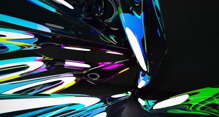 Abstract architectural white and glass gradient color smooth interior of a minimalist house with neon lighting. 3D illustration and rendering.