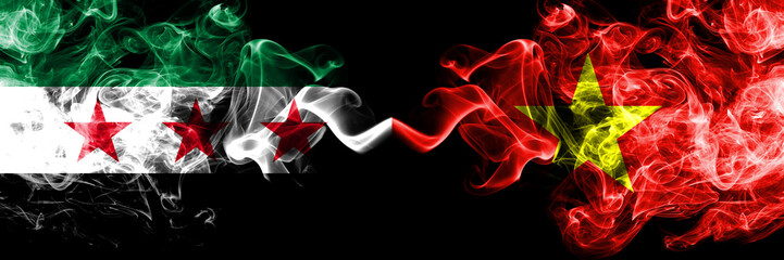 Syrian Arab Republic vs Vietnam, Vietnamese smoke flags placed side by side. Thick colored silky smoke flags of Syria opposition and Vietnam, Vietnamese